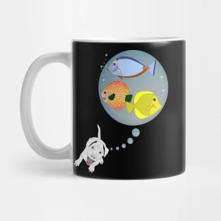 Ein kleiner Hund denkt an drei Fische Mug